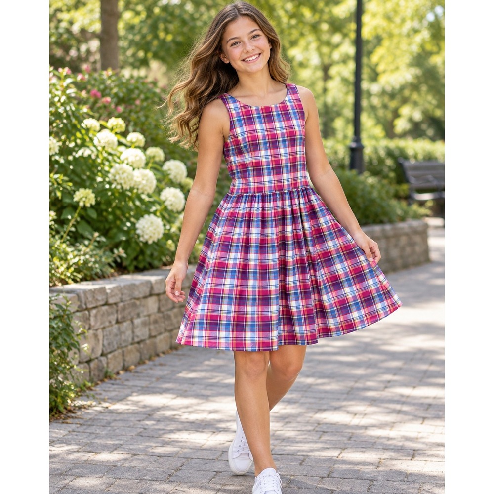 Polo Ralph Lauren Girls Pink Blue Plaid Sleeveless Cutout Back Dress